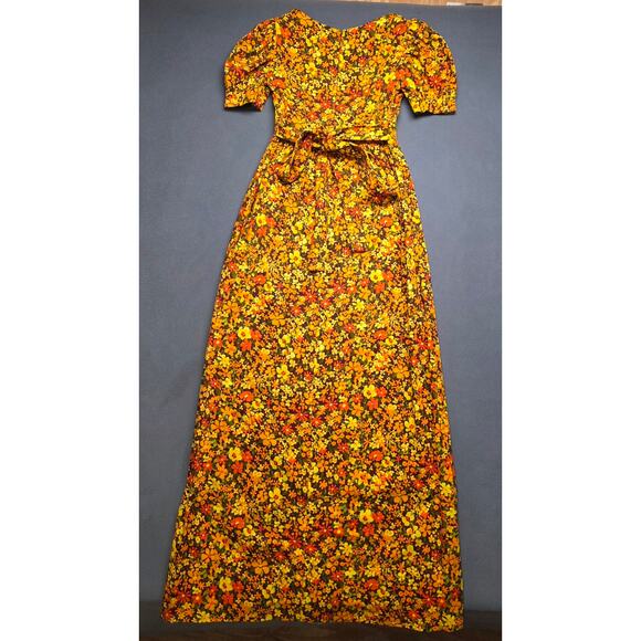 Vtg Handmade Womens Small Floral Fall Dress Floor Long Tall Prairie Boho Nature - Picture 7 of 10